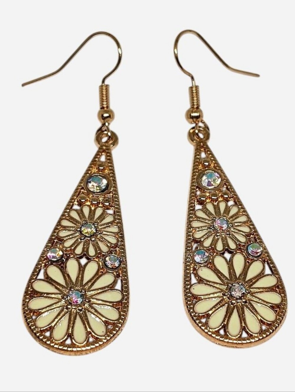 Gold-Tone Teardrop Earrings with Cream Flowers and Rhinestones
